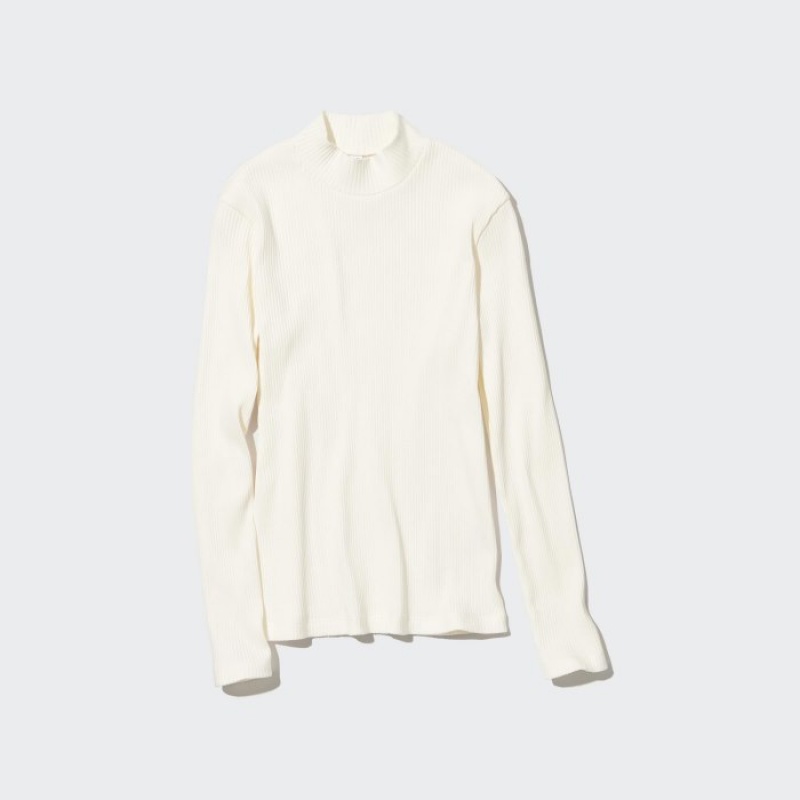 Uniqlo Ribbed High Neck Long-Sleeve レディース Tシャツ 白 | 4383421
