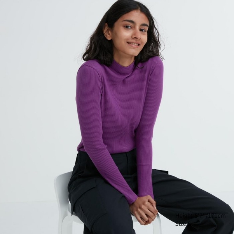 Uniqlo Ribbed High Neck Long-Sleeve レディース Tシャツ 紫 | 9591574