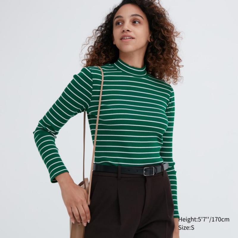 Uniqlo Ribbed Striped High Neck Long-Sleeve レディース Tシャツ 緑 | 1464127