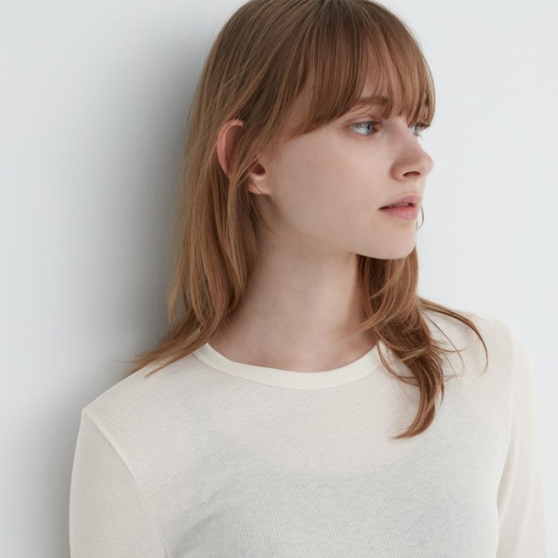 Uniqlo Sheer Jersey Crew Neck Long-Sleeve レディース Tシャツ 白 | 1438913