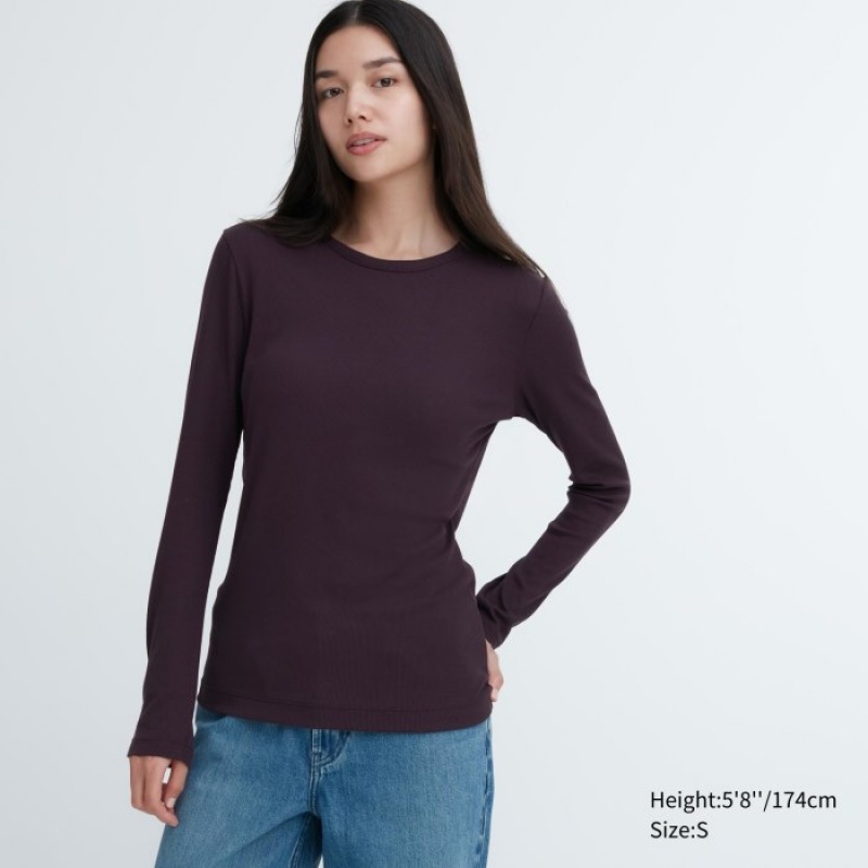 Uniqlo Sheer Jersey Crew Neck Long-Sleeve レディース Tシャツ ボルドー | 7121333
