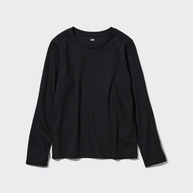Uniqlo Smooth Stretch Cotton Crew Neck Long-Sleeve レディース Tシャツ 黒 | 8112759