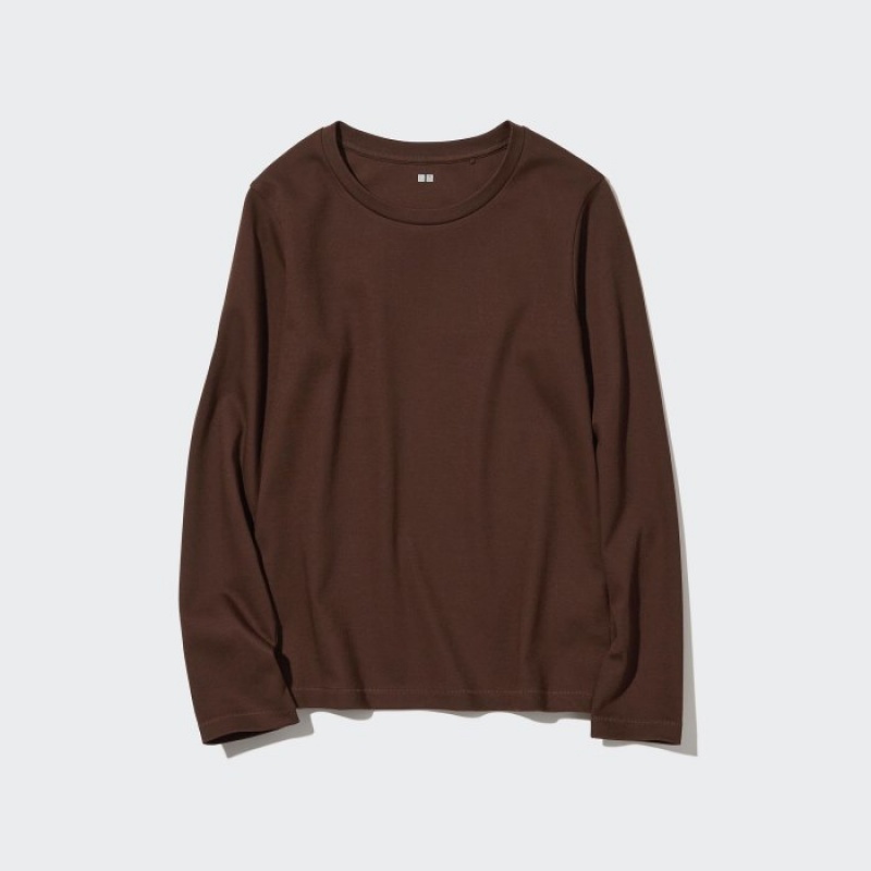 Uniqlo Smooth Stretch Cotton Crew Neck Long-Sleeve レディース Tシャツ ブラウン | 6989211