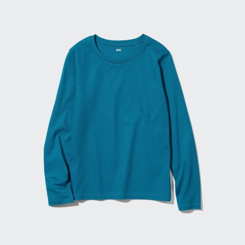 Uniqlo Smooth Stretch Cotton Crew Neck Long-Sleeve レディース Tシャツ 青 | 5623908