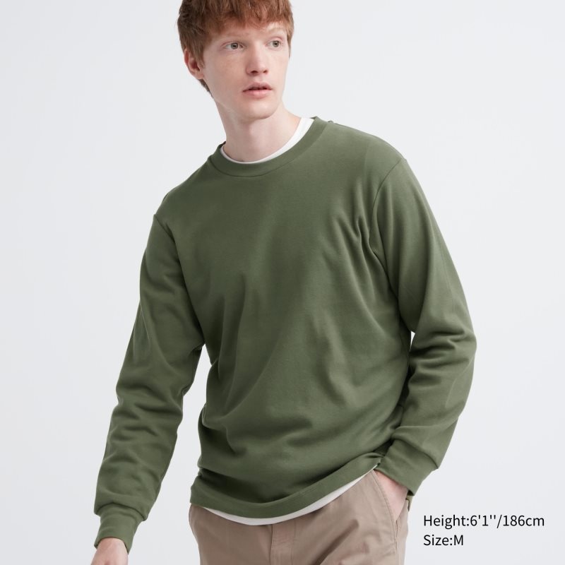 Uniqlo Soft Brushed Crew Neck Long-sleeve メンズ Tシャツ オリーブ | 986625
