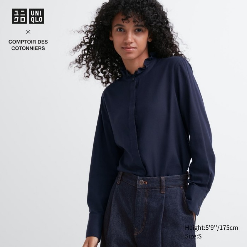 Uniqlo Soft Brushed Stand Collar Long-Sleeve レディース シャツ ネイビー | 4633306