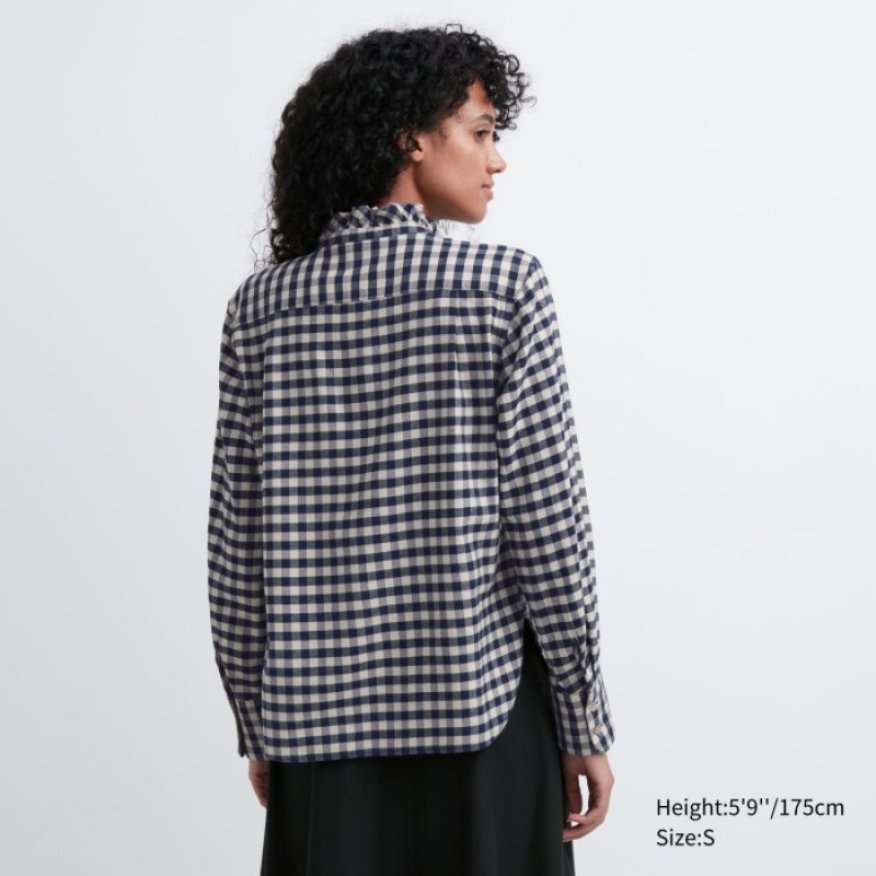 Uniqlo Soft Brushed Stand Collar Long-Sleeve レディース シャツ 青 | 8057235
