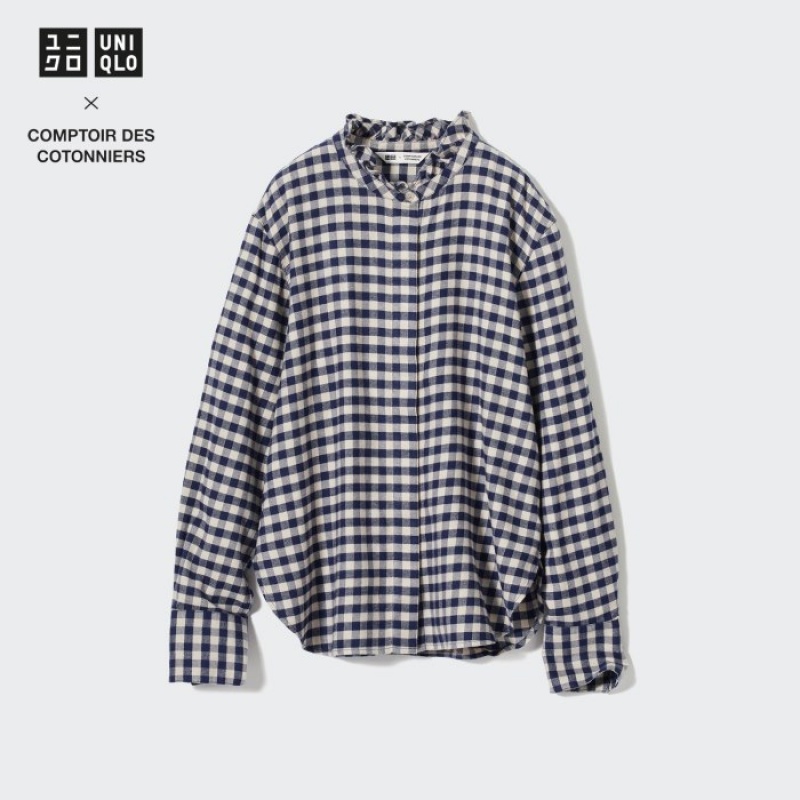 Uniqlo Soft Brushed Stand Collar Long-Sleeve レディース シャツ 青 | 8057235