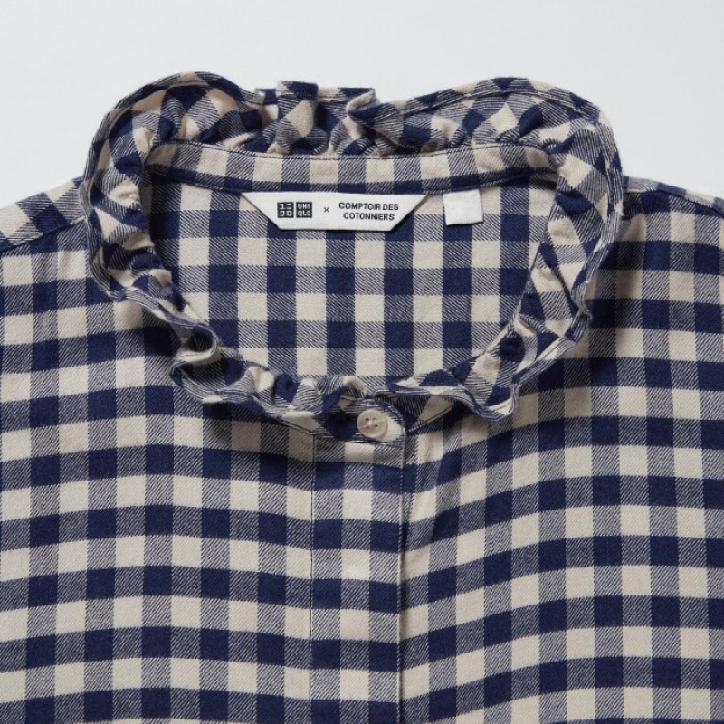 Uniqlo Soft Brushed Stand Collar Long-Sleeve レディース シャツ 青 | 8057235