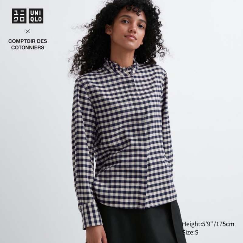 Uniqlo Soft Brushed Stand Collar Long-Sleeve レディース シャツ 青 | 8057235