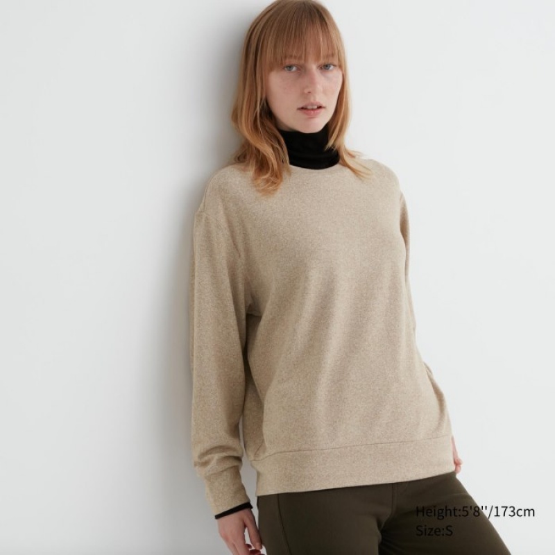 Uniqlo Soft Knitted Fleece Crew Neck Long-Sleeve レディース Tシャツ ベージュ | 1126751