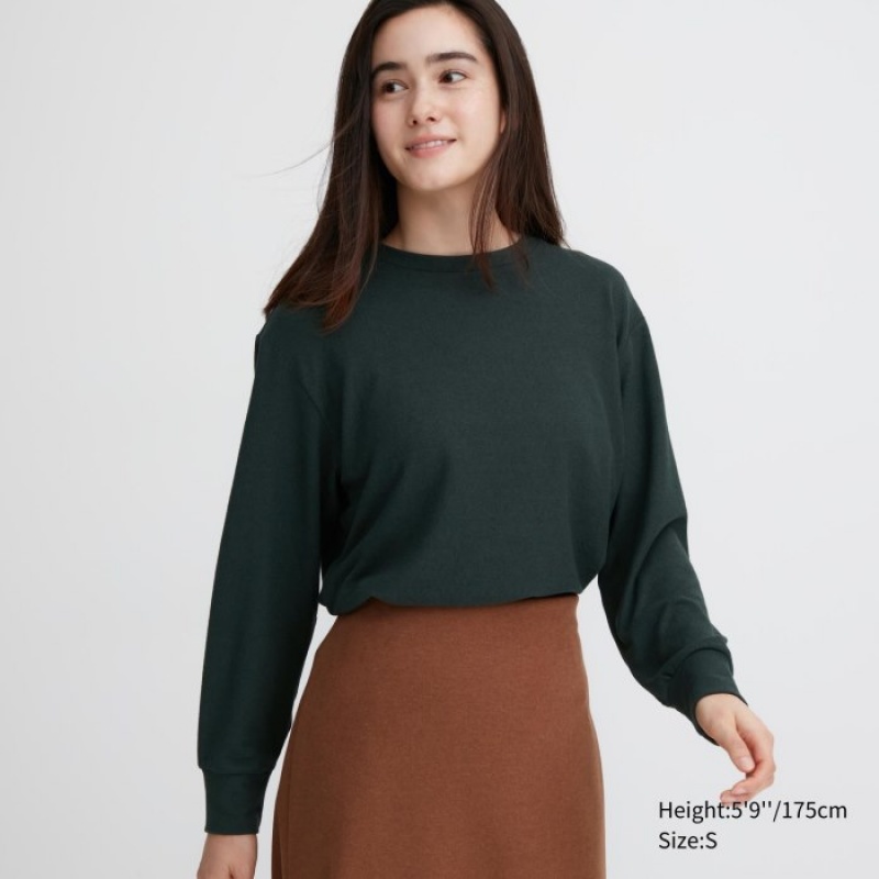 Uniqlo Soft Knitted Fleece Crew Neck Long-Sleeve レディース Tシャツ 緑 | 6815943