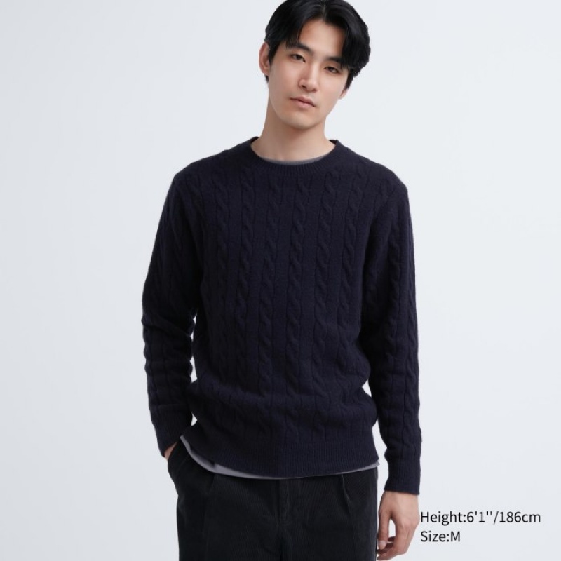 Uniqlo Souffle Yarn Cable Crew Neck Long-Sleeve レディース セーター ネイビー | 7788585