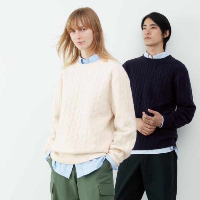Uniqlo Souffle Yarn Cable Crew Neck Long-Sleeve レディース セーター 黄色 | 7387421