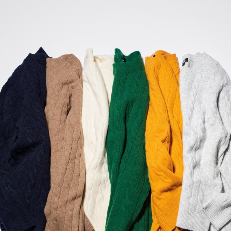 Uniqlo Souffle Yarn Cable Crew Neck Long-Sleeve レディース セーター 黄色 | 7387421