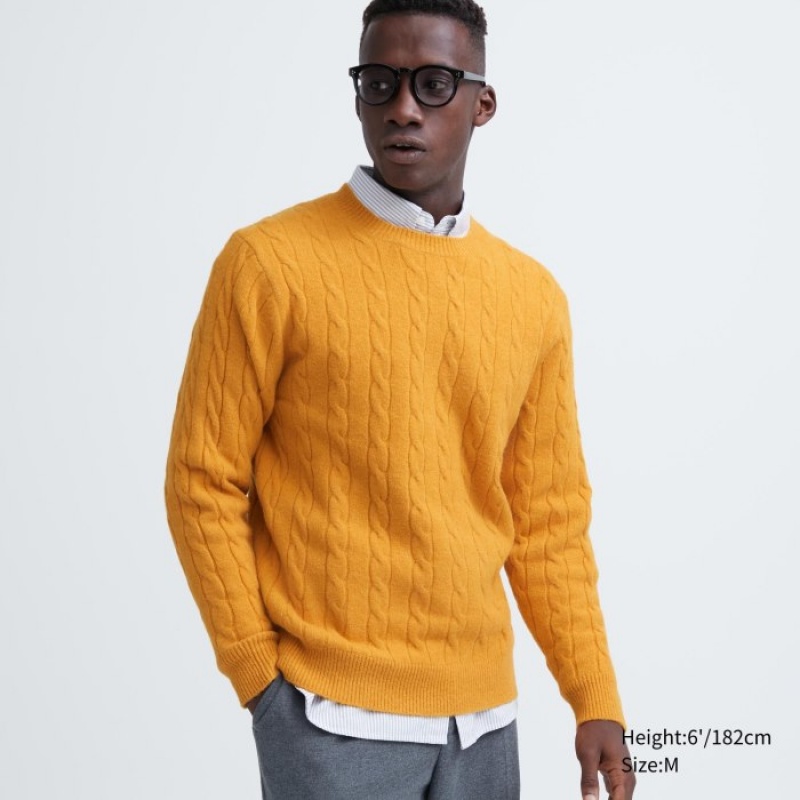 Uniqlo Souffle Yarn Cable Crew Neck Long-Sleeve レディース セーター 黄色 | 7387421