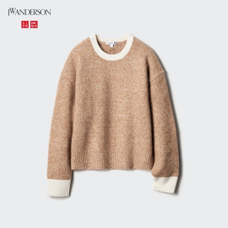 Uniqlo Souffle Yarn Crew Neck Long-Sleeve レディース セーター ベージュ | 2029364