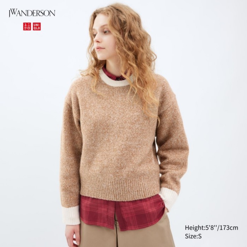 Uniqlo Souffle Yarn Crew Neck Long-Sleeve レディース セーター ベージュ | 2029364