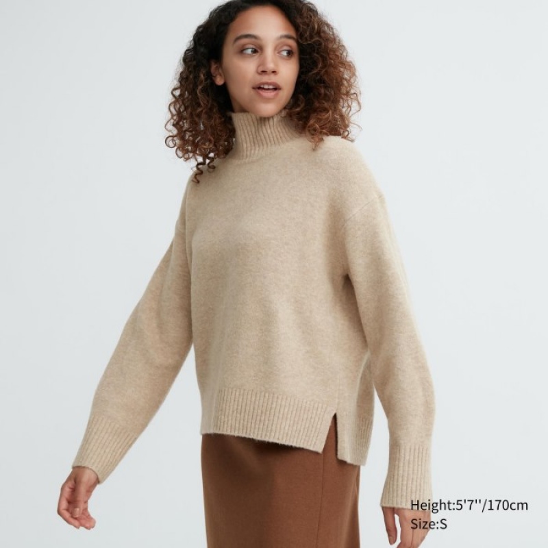 Uniqlo Souffle Yarn High Neck Long-Sleeve レディース セーター ベージュ | 1101410