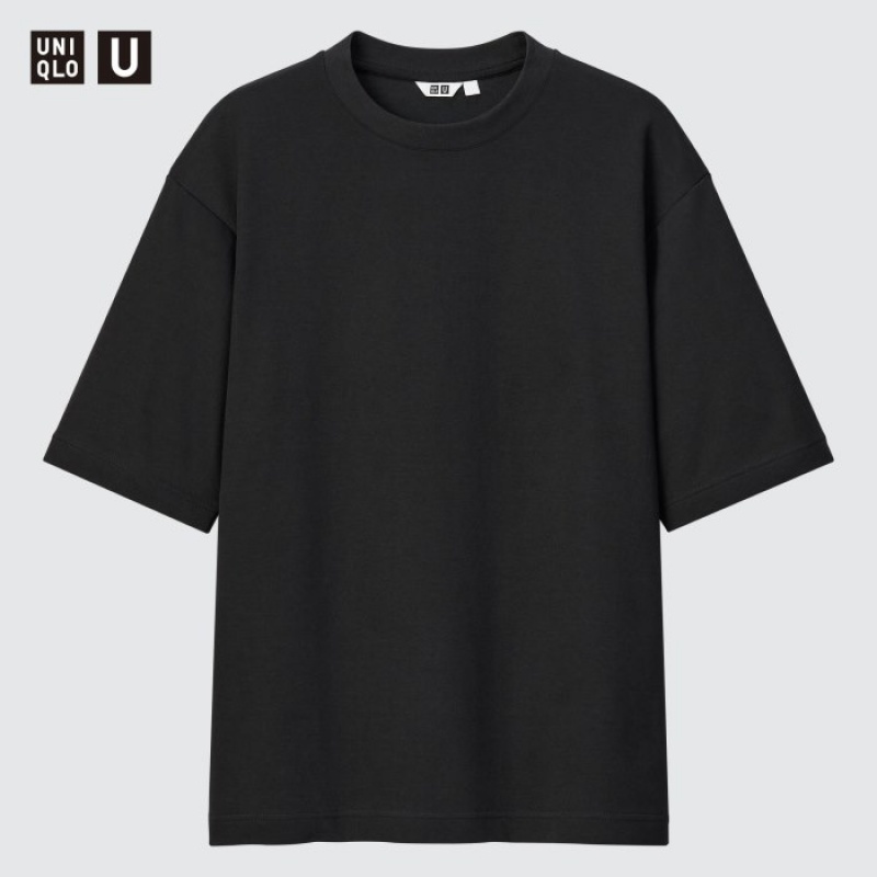 Uniqlo U AIRism Cotton Oversized Crew Neck Half-Sleeve レディース Tシャツ 黒 | 8992979