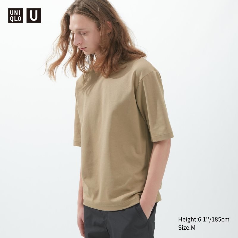 Uniqlo U AIRism Cotton Oversized Crew Neck Half-Sleeve メンズ Tシャツ ベージュ | 9095834