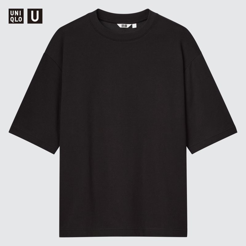 Uniqlo U AIRism Cotton Oversized Crew Neck Half-Sleeve メンズ Tシャツ 黒 | 5967133