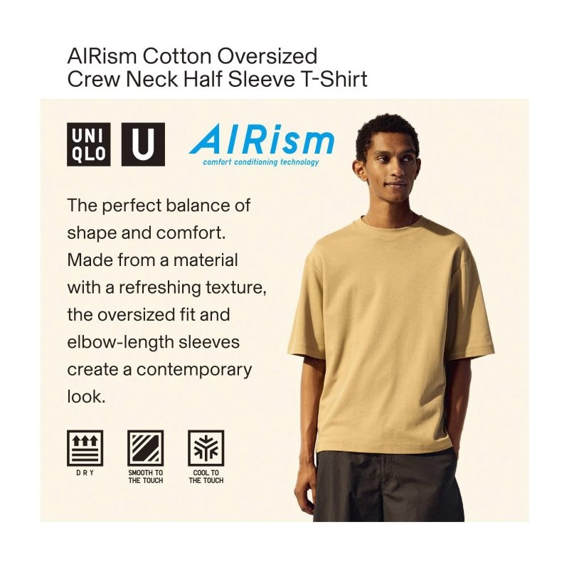 Uniqlo U AIRism Cotton Oversized Crew Neck Half-Sleeve メンズ Tシャツ 黒 | 8673725
