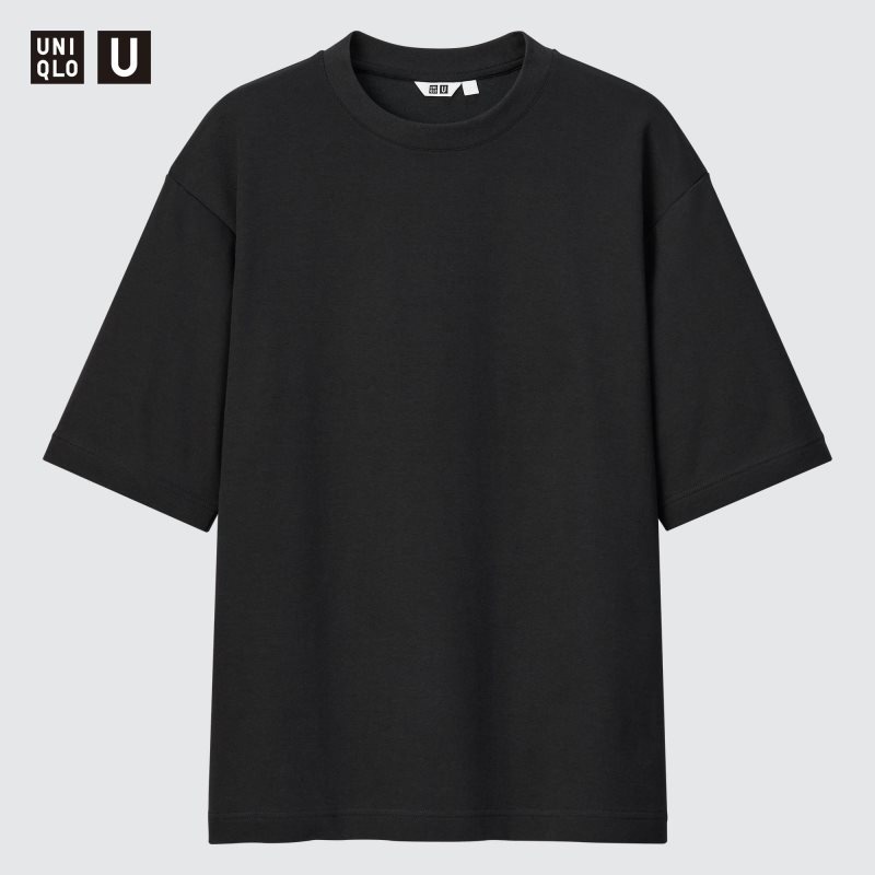Uniqlo U AIRism Cotton Oversized Crew Neck Half-Sleeve メンズ Tシャツ 黒 | 8673725