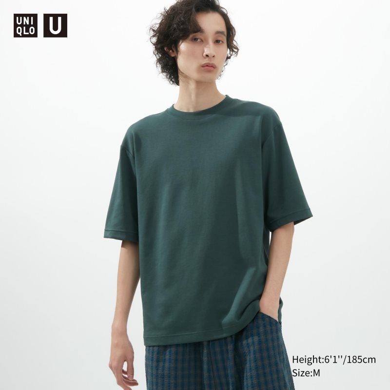 Uniqlo U AIRism Cotton Oversized Crew Neck Half-Sleeve メンズ Tシャツ オリーブ | 8873149