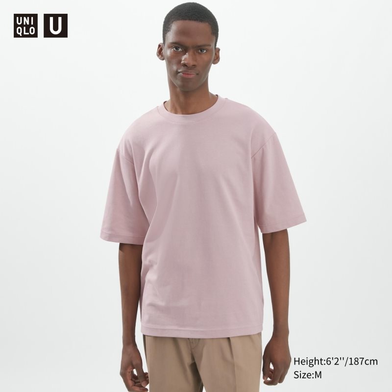 Uniqlo U AIRism Cotton Oversized Crew Neck Half-Sleeve メンズ Tシャツ ピンク | 6288670