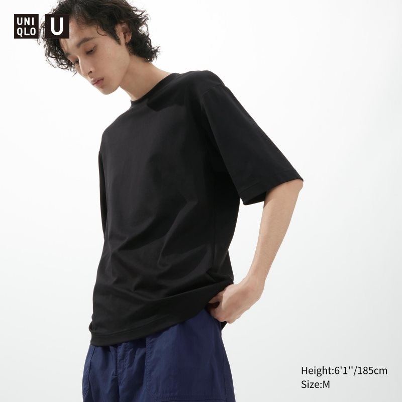 Uniqlo U AIRism Cotton Oversized Crew Neck Half-Sleeve メンズ Tシャツ 黒 | 9758845