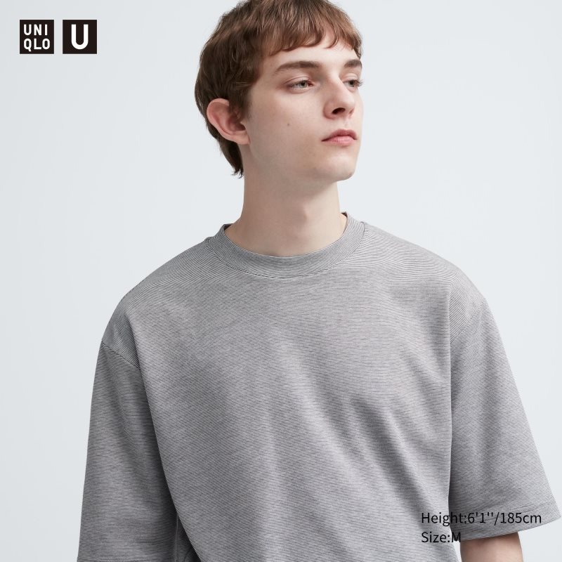 Uniqlo U Airism Cotton Striped Crew Neck Oversized メンズ Tシャツ グレー | 8542866