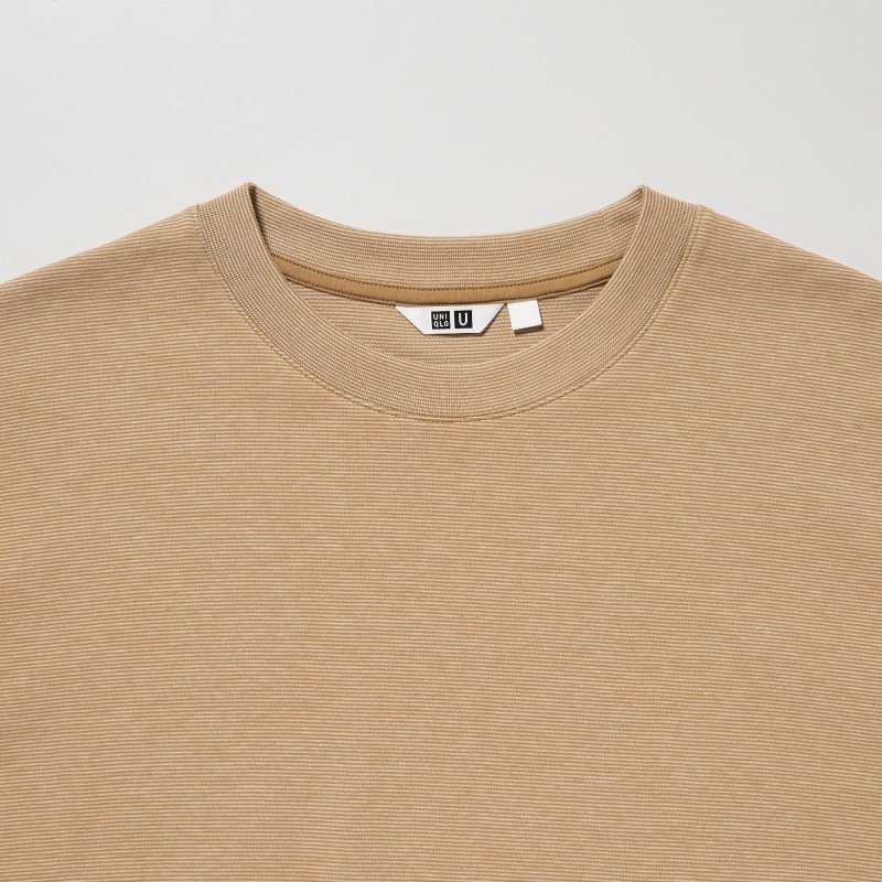 Uniqlo U Airism Cotton Striped Crew Neck Oversized メンズ Tシャツ ベージュ | 2332720