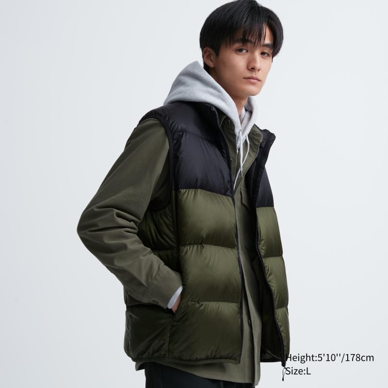 Uniqlo Ultra Light Down Color Block メンズ ベスト オリーブ | 8632962