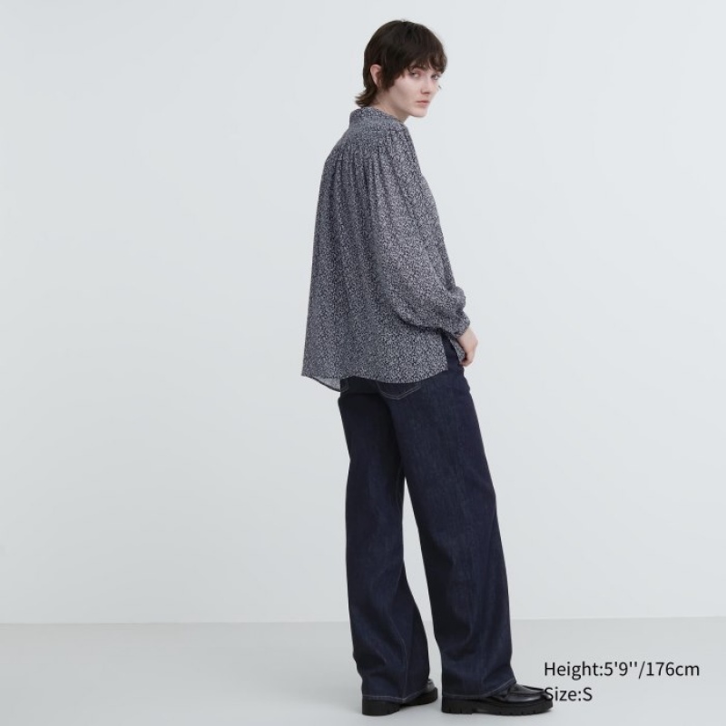Uniqlo Volume Long-Sleeve レディース ブラウス 黒 | 1506338