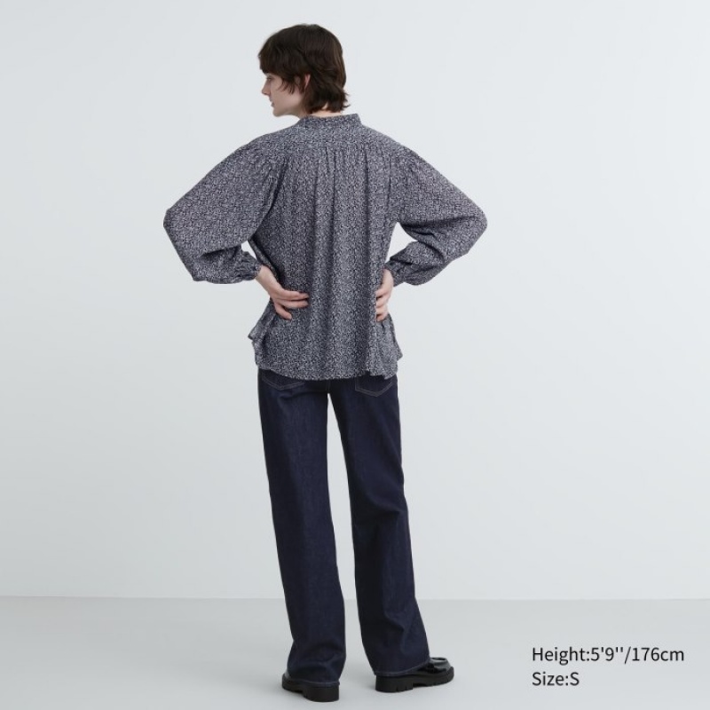 Uniqlo Volume Long-Sleeve レディース ブラウス 黒 | 1506338