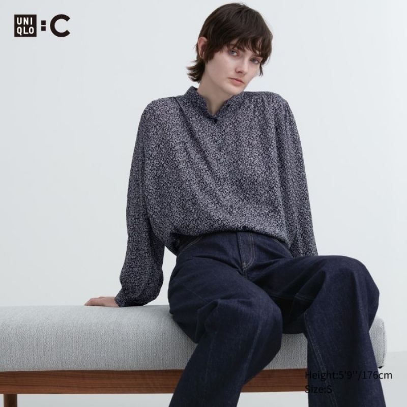 Uniqlo Volume Long-Sleeve レディース ブラウス 黒 | 1506338