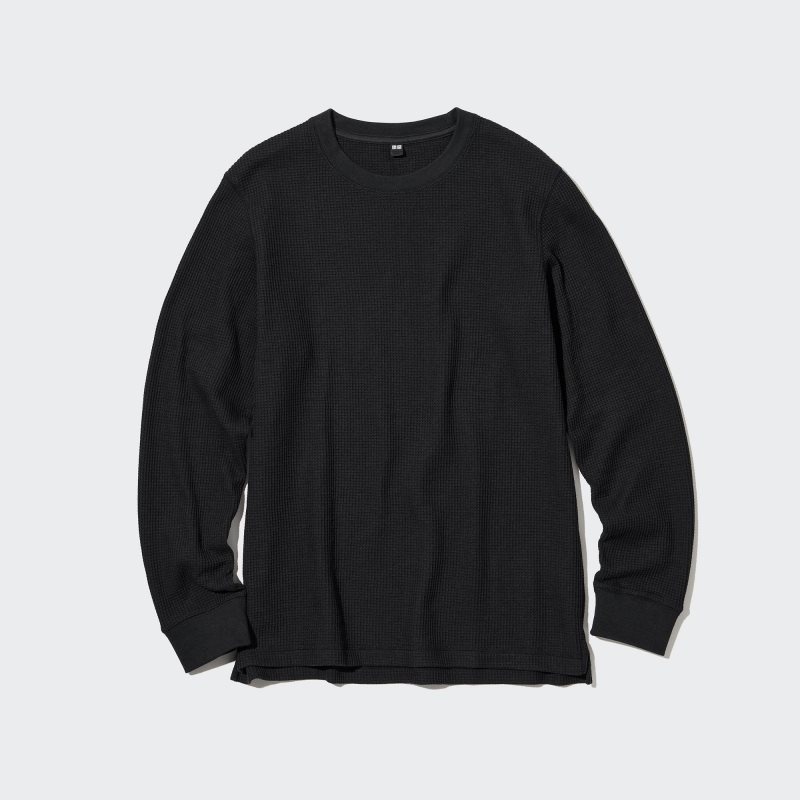 Uniqlo Waffle Crew Neck Long-Sleeve メンズ Tシャツ 黒 | 7175964