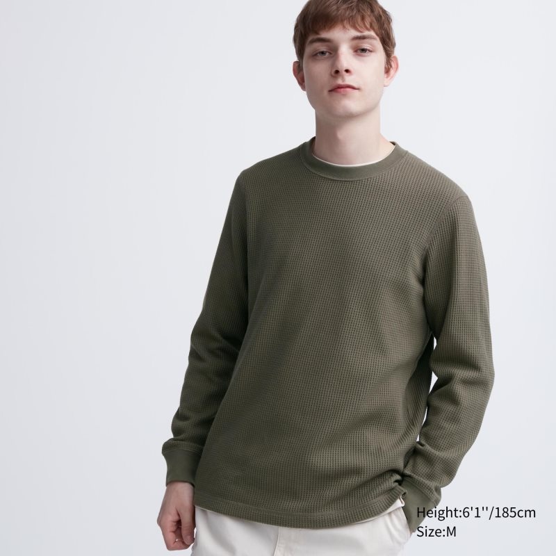 Uniqlo Waffle Crew Neck Long-Sleeve メンズ Tシャツ 緑 | 4017313
