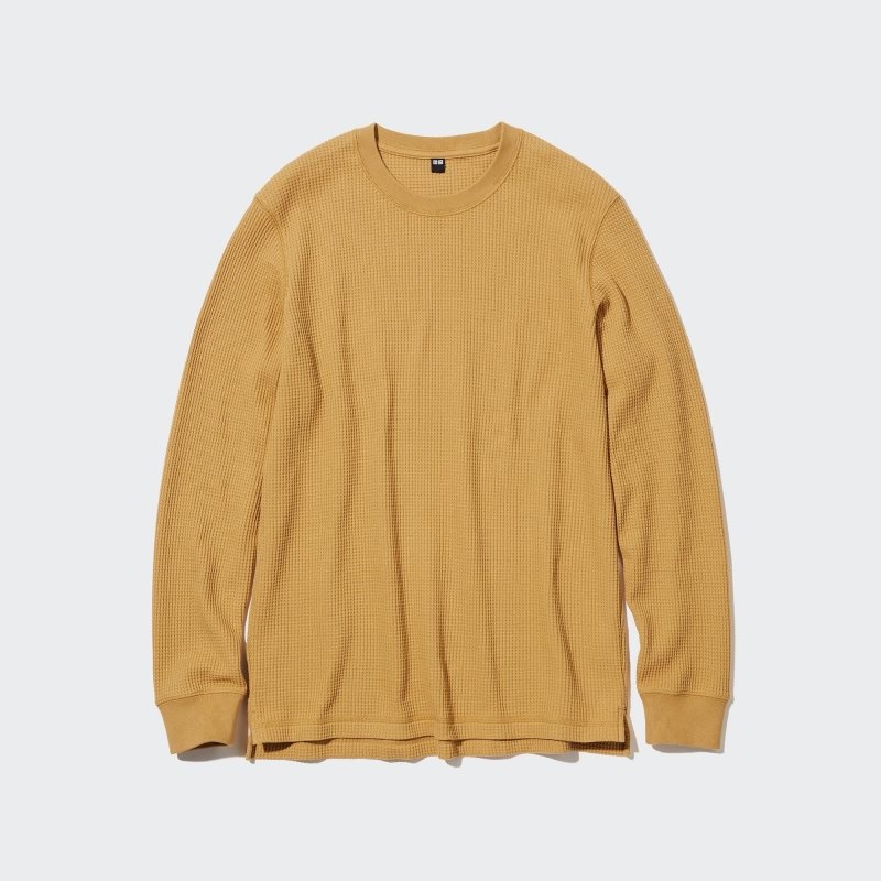 Uniqlo Waffle Crew Neck Long-Sleeve メンズ Tシャツ 黄色 | 1113441