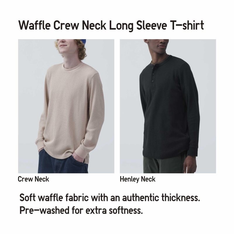 Uniqlo Waffle Crew Neck Long-Sleeve メンズ Tシャツ 黄色 | 1113441