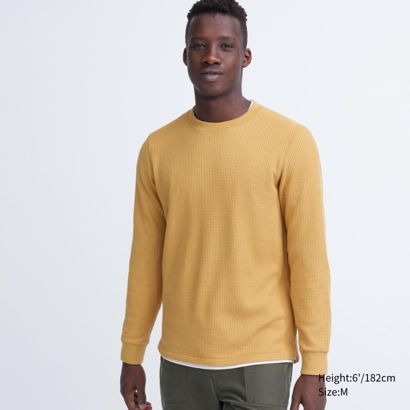 Uniqlo Waffle Crew Neck Long-Sleeve メンズ Tシャツ 黄色 | 1113441