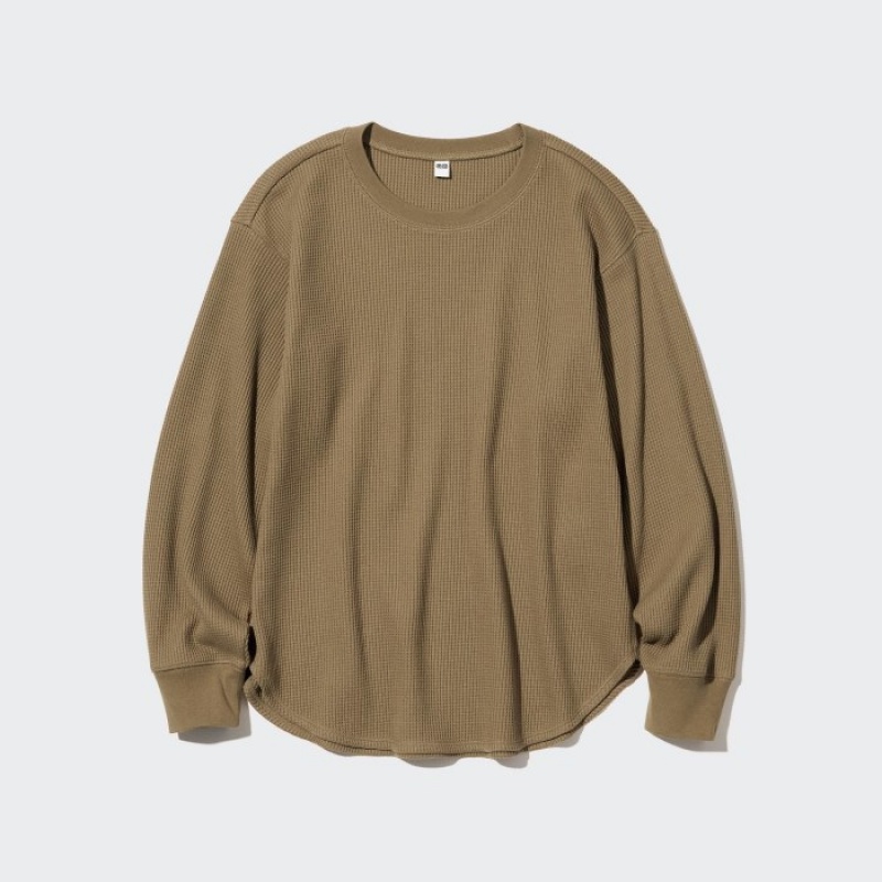 Uniqlo Waffle Crew Neck Long-Sleeve レディース Tシャツ ブラウン | 2262418