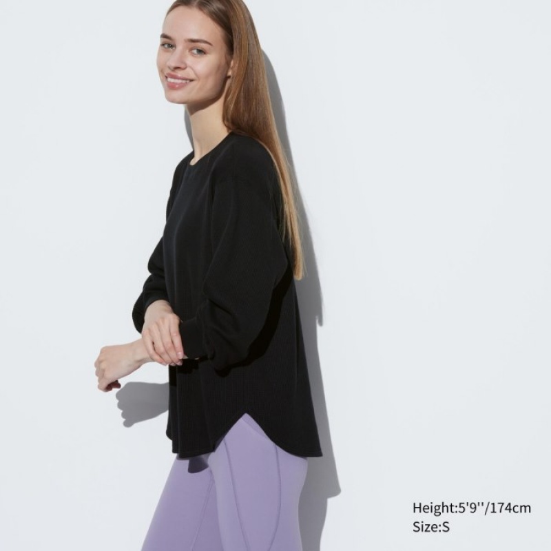Uniqlo Waffle Crew Neck Long-Sleeve レディース Tシャツ 黒 | 1320265