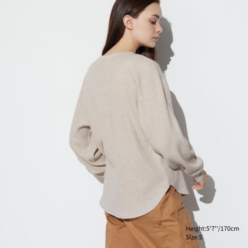 Uniqlo Waffle Crew Neck Long-Sleeve レディース Tシャツ ピンク | 5557108