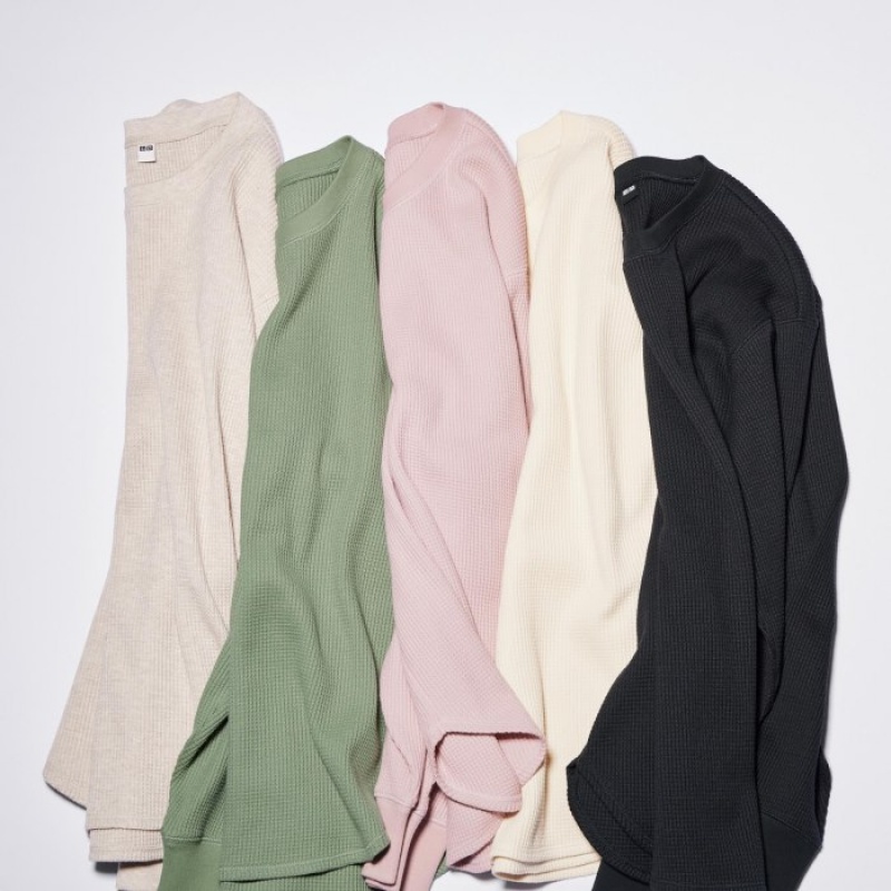 Uniqlo Waffle Crew Neck Long-Sleeve レディース Tシャツ ピンク | 5557108