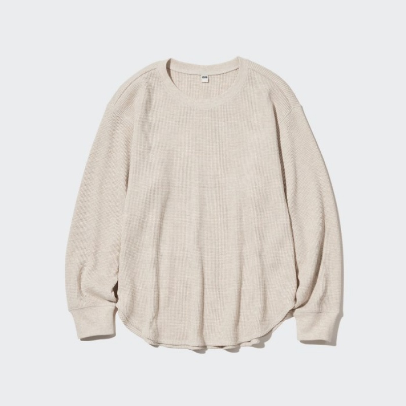 Uniqlo Waffle Crew Neck Long-Sleeve レディース Tシャツ ピンク | 5557108