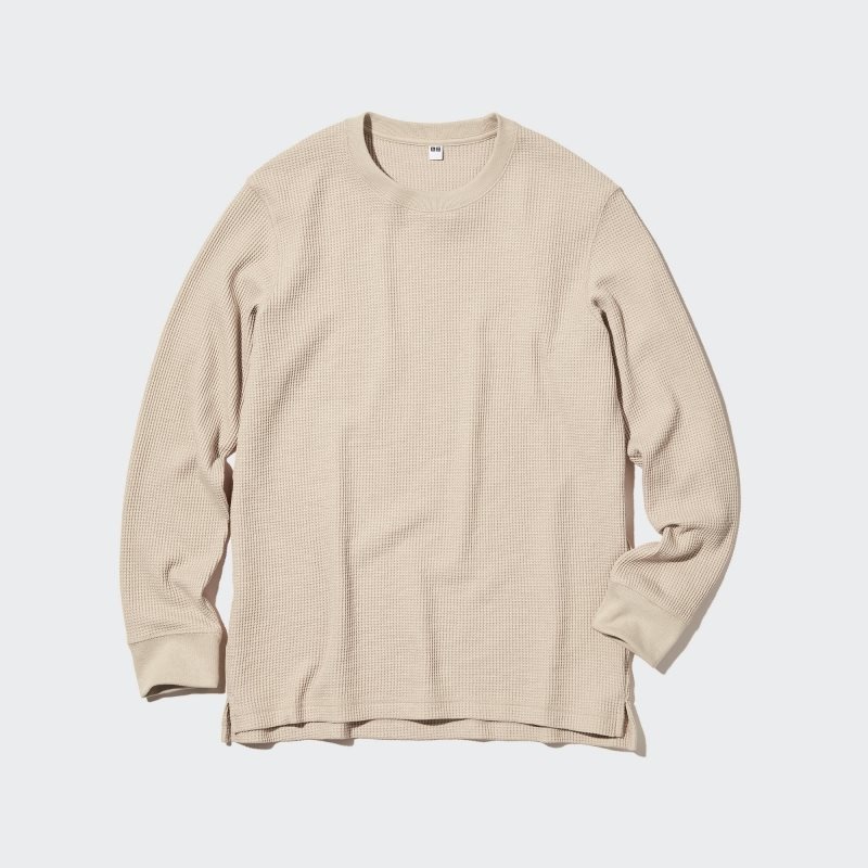 Uniqlo Waffle Crew Neck Long-Sleeve メンズ Tシャツ ベージュ | 9085720