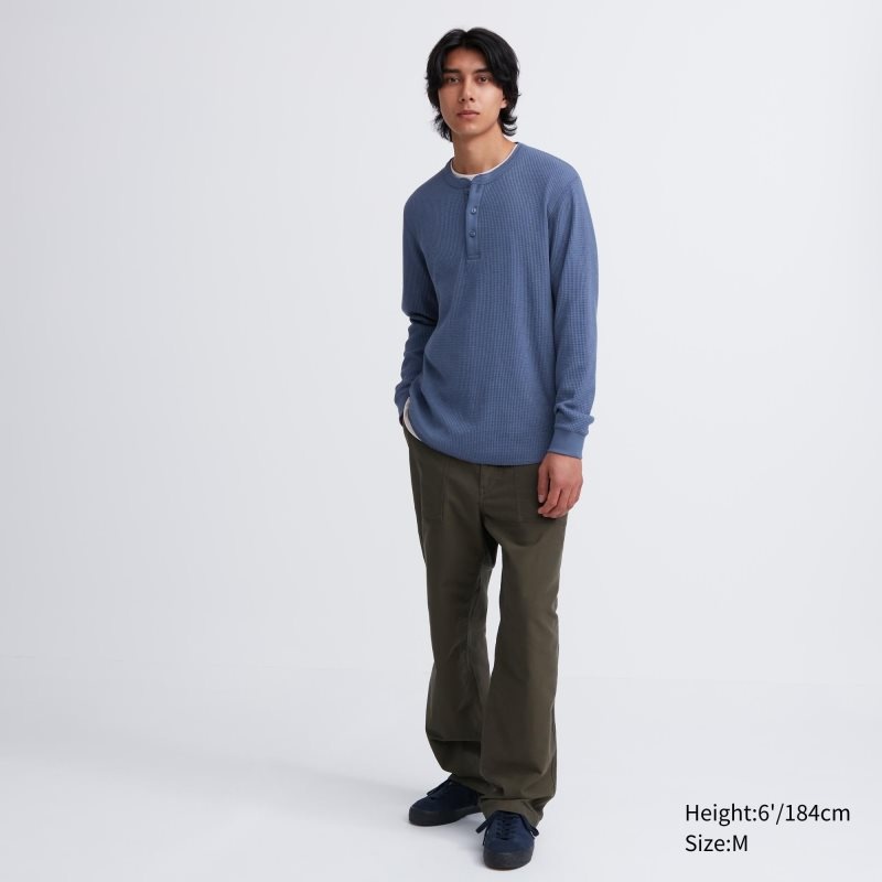 Uniqlo Waffle Henley Neck Long-sleeve メンズ Tシャツ 青 | 7779685