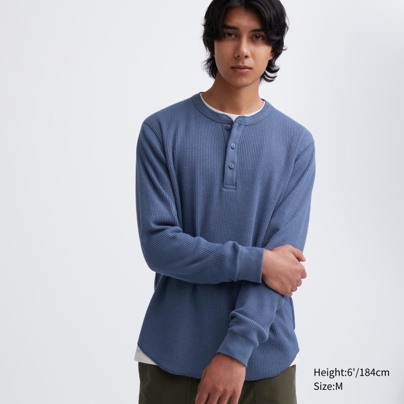Uniqlo Waffle Henley Neck Long-sleeve メンズ Tシャツ 青 | 7779685